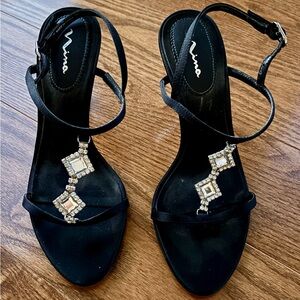 NINA Black Dressy Heel Sandals with Bling Details - size 6 - 3” stiletto heel